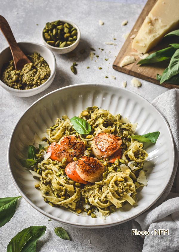 Recette coquilles Saint-Jacques tagliatelle pesto pistache